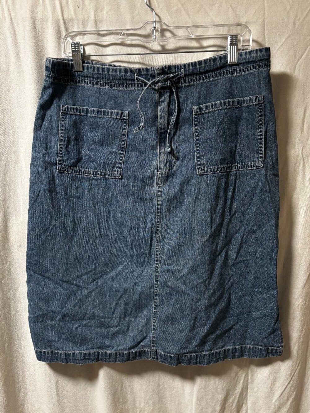 Womens Jean Mini Skirt with pockets drawstring closure. Size 14